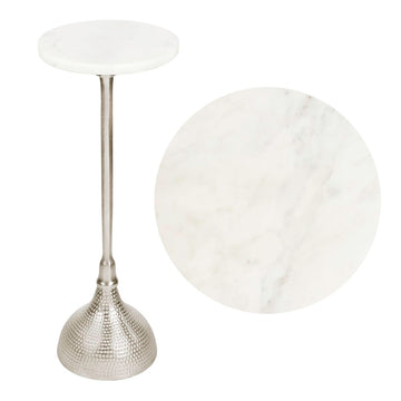 Ava 23.75" Art Deco Contemporary Metal Pedestal Drink Table and Decorative End Table with White Marble Round Top and Hammered Base